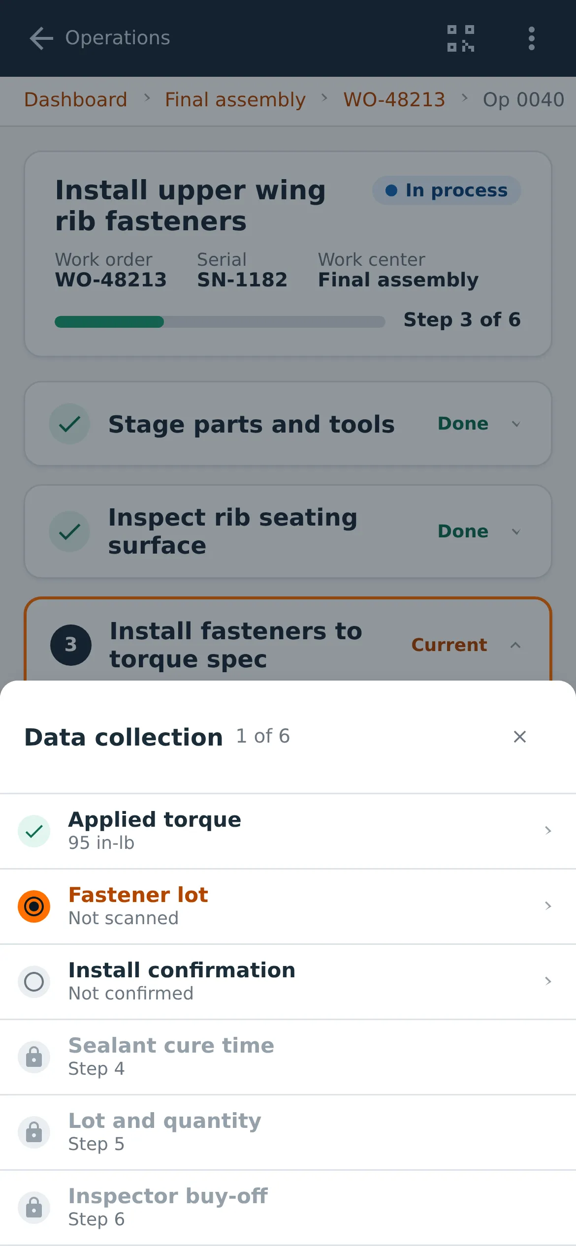 A guided operation on a phone: a work-order header with In process status, completed steps collapsed to a Done label and check, the current step expanded, and a data-collection bottom sheet listing each required value with a check, a scan prompt, or a locked state, each labeled in text.