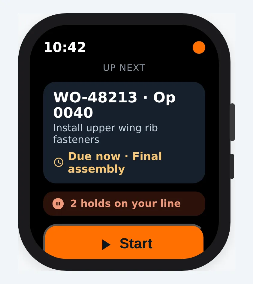 A wearable glance view: the next operation, an alert that two holds are on the line shown with an icon and a text label, and a one-tap start.