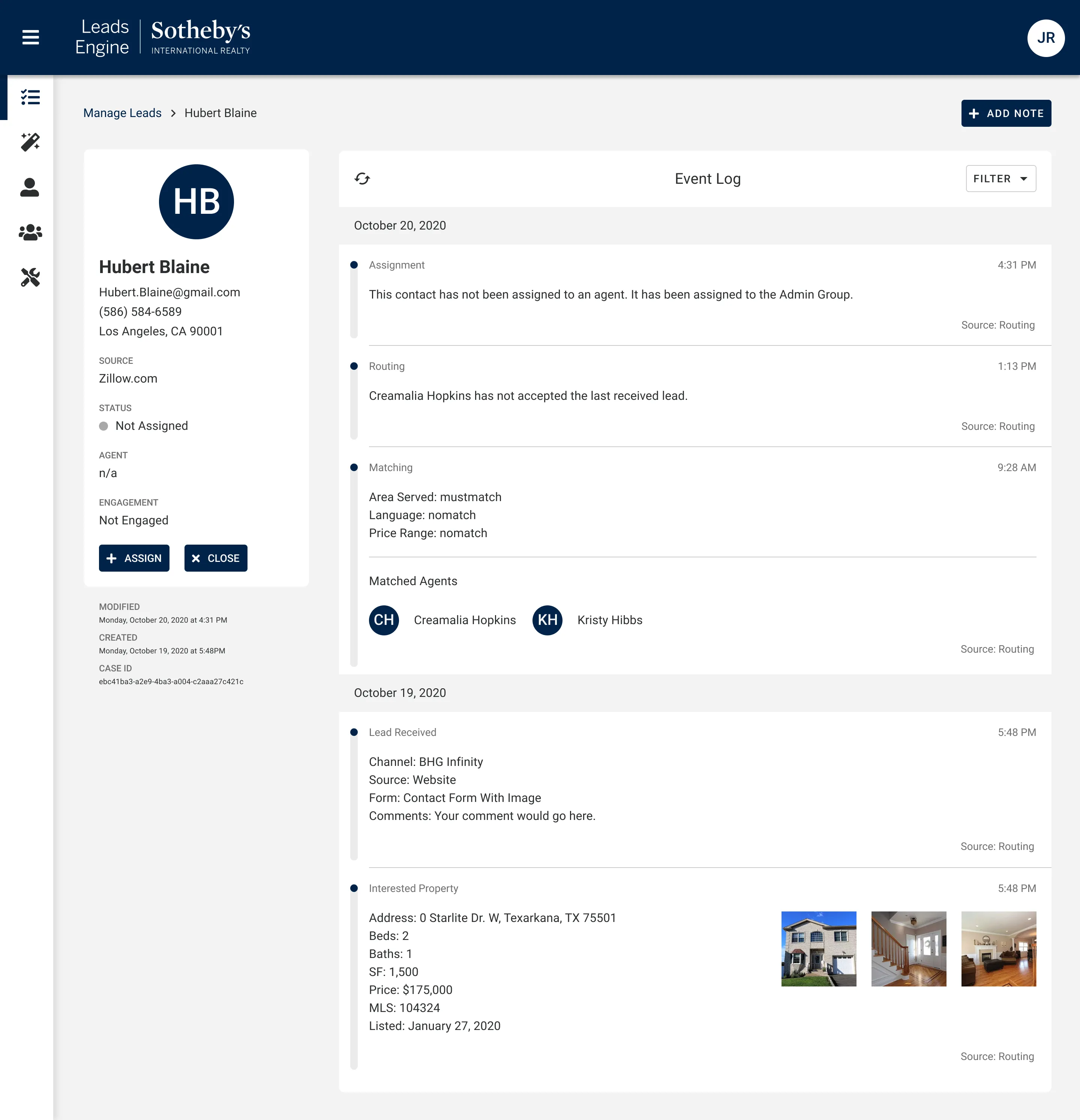 A single lead's detail view with contact information, activity history, and next-action controls.