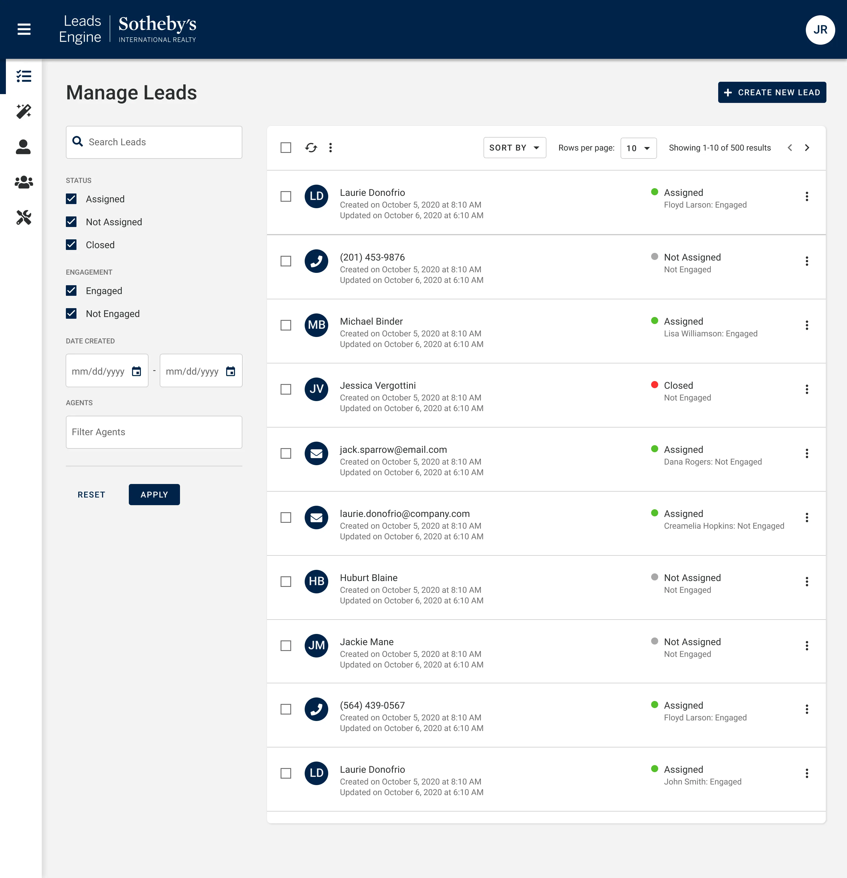 The Manage Leads screen: a list of leads with assignment status, engagement, and quick actions, plus a status and date filter sidebar.